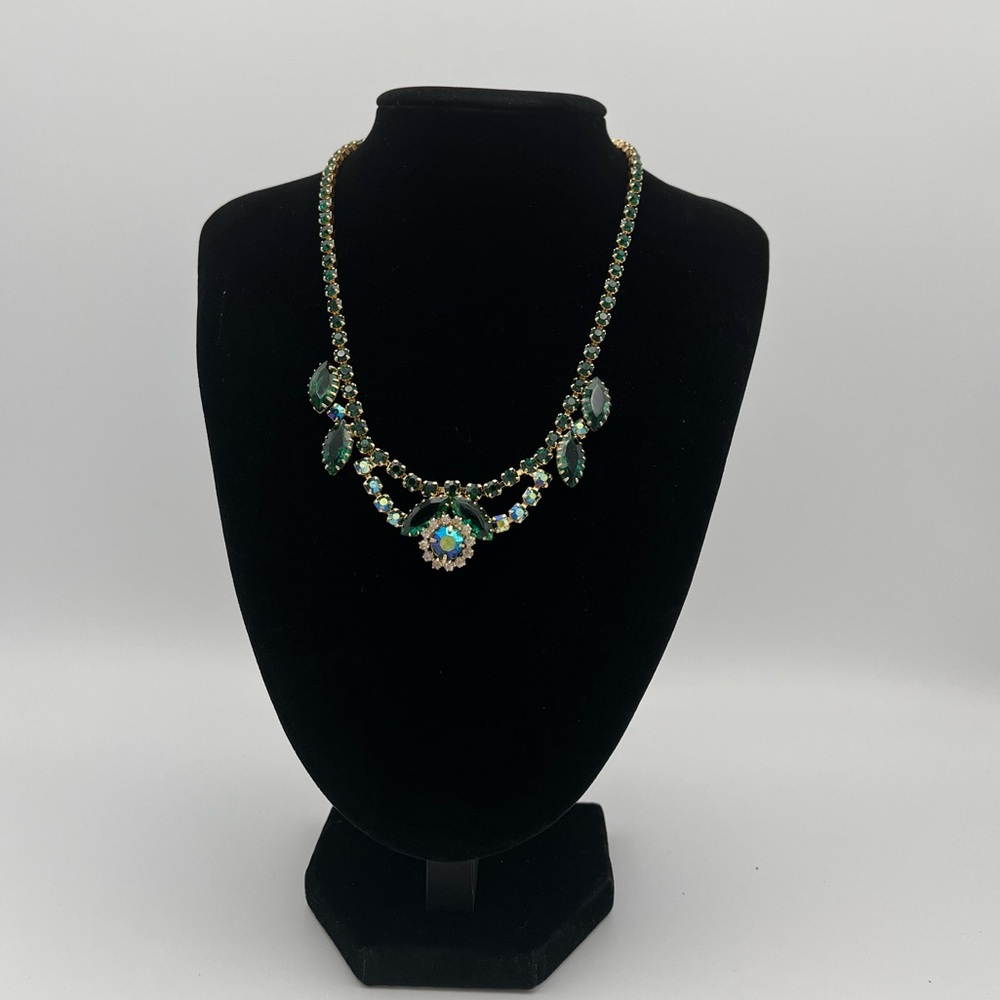 Vintage Emerald Green AB Rhinestone Bib, 62g Heavy Statement, Open Back 1950s